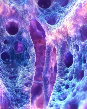 Microscopic Sample of Small Intestine with Paneth Cells in Surrealistic Purple Hues and Intricate Patterns