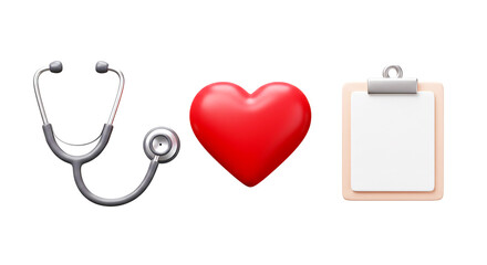 A stethoscope, a red heart, and a clipboard with a white sheet of paper on a black background