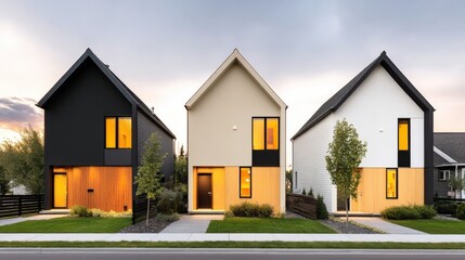 Modern homes with unique designs showcase a minimalist aesthetic and large windows, set against a tranquil suburban landscape, Modern Minimalist Architecture.