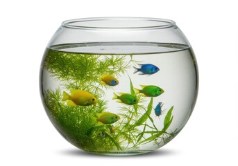 A glass fishbowl filled with water plants and small colorful fish swimming around inside it nicely