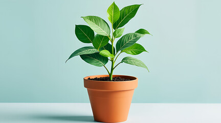 Fototapeta premium Potted Indoor Green Plant on Minimal Blue Background.