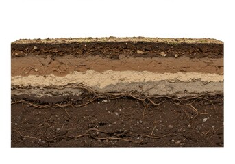 A cross section view of soil layers with visible roots and different soil colorations shown