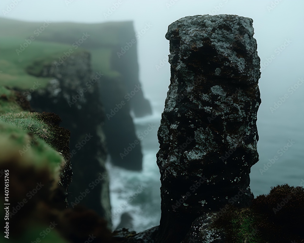 Aufkleber Misty coastal cliffs with unique rock formation surrounded by fog and waves crashing against the shore : Generative AI