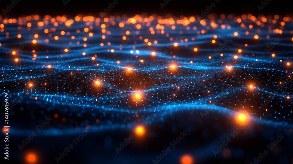 Poster vibrant digital ocean of blue waves and bright orange dots forming a technology background : generat