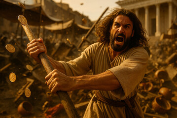 Jesus in holy anger confronts corruption in the sacred temple courtyard. The Cleansing of the Temple