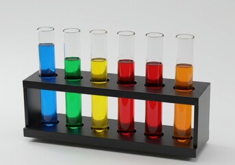 A rack of test tubes filled with various colored liquids on a white background in a laboratory