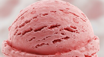 Pink ice cream with visible air pockets and ice crystals, creating a smooth yet textured look. It sits as the focal point against a blurred background.
