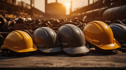 Industrial Safety Helmets at Construction Site during Sunset &ndash; Labor Day Concept