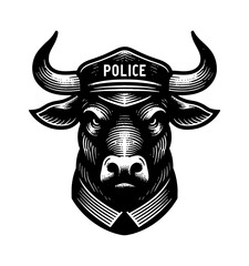 Cow or Bull Head Wearing a Police Hat as a Policeman with Serious Mood Illustration