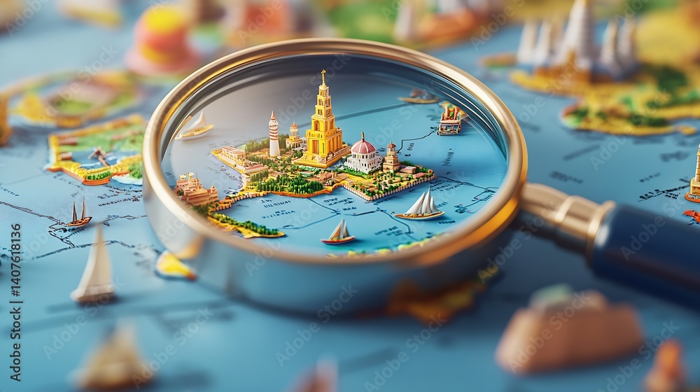 Poster a close up of a magnifying glass focusing on a detailed miniature cityscape on a map : generative ai