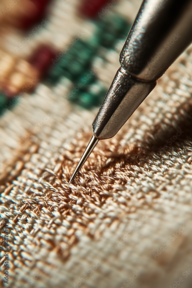 Poster macro view of a sewing needle piercing through fabric during embroidery representing craftsmanship a