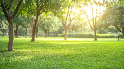 Fototapeta premium Sunlit garden trees with soft bokeh, a serene escape into nature's warmth. 