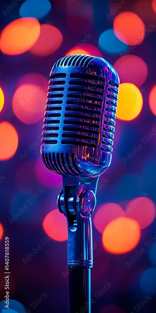 Poster Classic vintage microphone captured with colorful bokeh lights illuminating the background for a dynamic music scene : Generative AI
