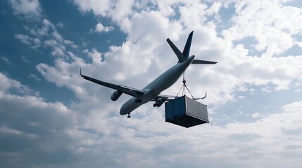 Heavy cargo airlift scene with containers being winched into jet under cloudy sky