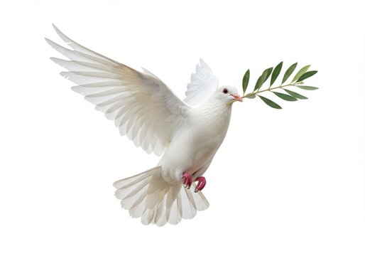 A white dove flying with an olive branch in its beak on a plain white background in a close up shot