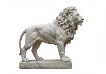 Fototapeta premium A marble lion statue standing on a base against a plain white background in a side view profile