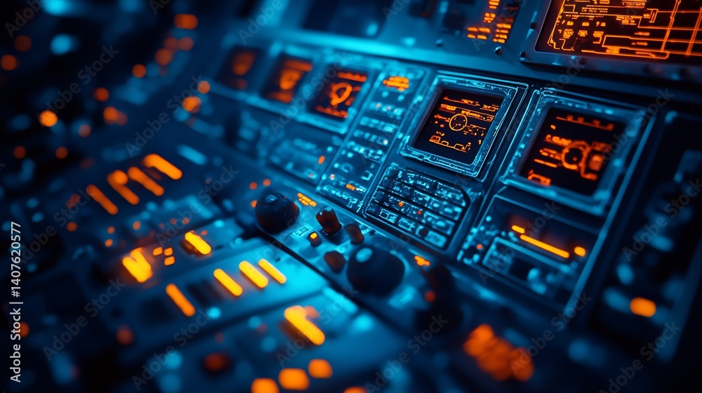Fototapete Advanced cockpit control interface with glowing displays and multiple operational buttons in vivid colors : Generative AI