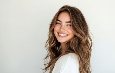 Smiling woman with long wavy brown hair against a plain white background.