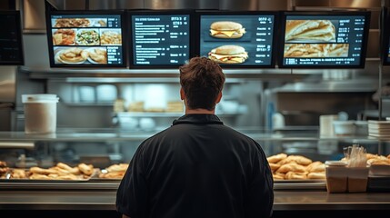 Focused man viewing the digital menu at a restaurant contemplating delicious meal choices : Generative AI