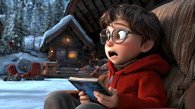 Klaus Animated Film Still: Boy Reading Book in Snowy Cabin