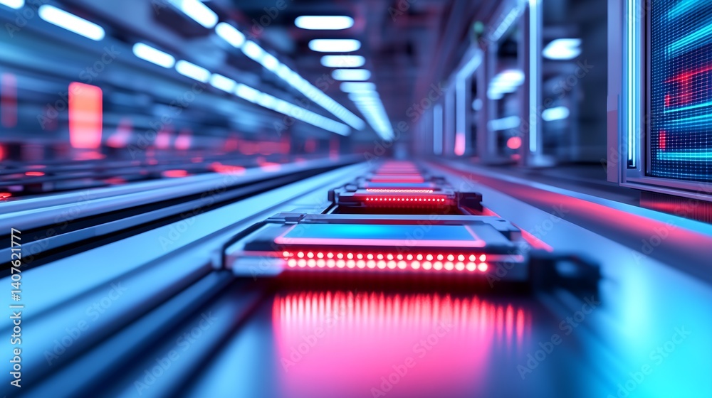 Poster advanced conveyor belt technology showcasing glowing red led lights in a modern factory setting : ge