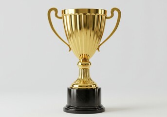 A golden trophy with a black base is displayed against a plain white background in a studio setting