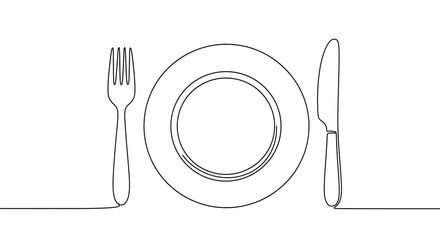 Elegant minimalist line art dinner setting plate fork knife simple design single line drawing clean