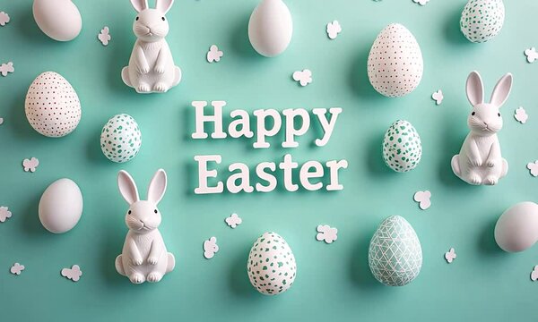 Pastel colored Happy Easter text with bunny silhouettes and Easter eggs on whimsical background made with Generative AI technology