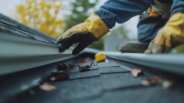 Roofer inspecting and cleaning gutters on a residential roof. Featuring care and expertise