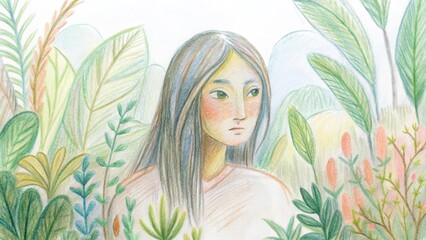 Fototapeta premium Person in nature looking thoughtfully among foliage
