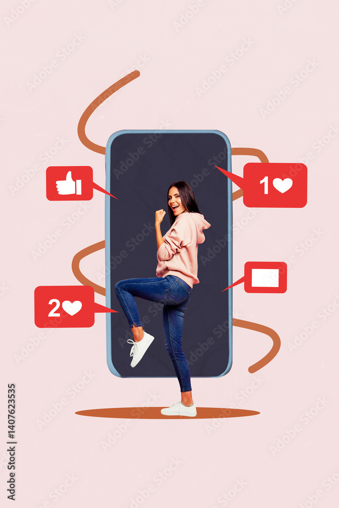Poster abstract collage of person winning stand front gadget screen with likes on pink color background