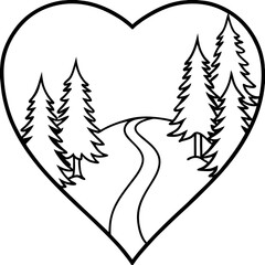 Nature Trail with Heart Outline Line Art