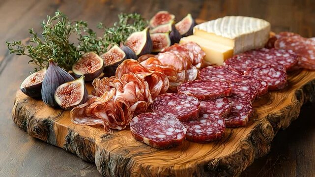 Gourmet charcuterie board with figs, cheese, and salami on rustic wooden board