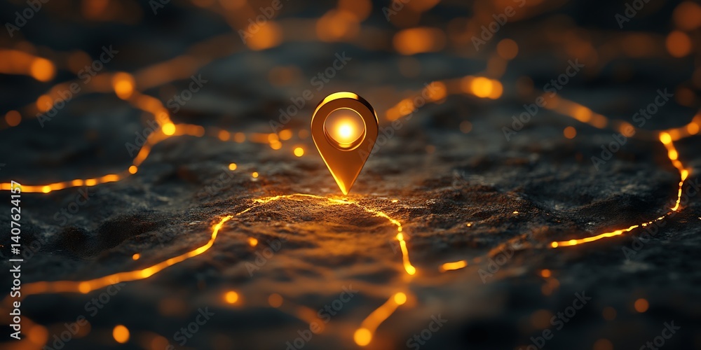 Aufkleber Illuminated golden location pin on textured surface enhances our understanding of navigation and places of interest in travel : Generative AI