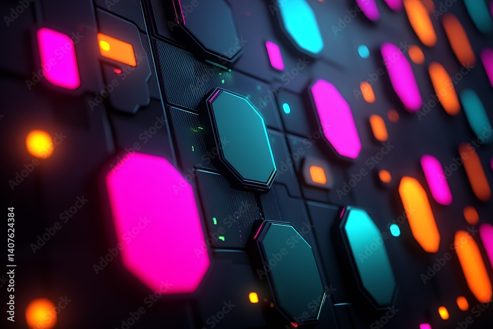 Poster futuristic wall design featuring vibrant hexagon shapes in neon colors against a dark backdrop : gen