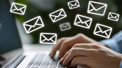 Close-up of hands typing on a laptop with email graphics appearing on screen : Generative AI