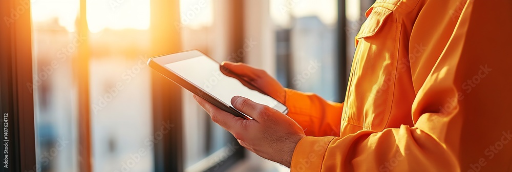Poster construction professional in orange attire using a tablet to manage work activities in bright light 
