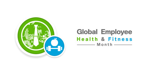 May is Global Employee Health and Fitness Month. Tie, earth, apple and more. Great for posters, banners, social media and more. White background.