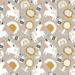 Vector seamless pattern with cute cows, flowers, rainbows and milk on beige background. Farmer's print. Agriculture. Ranch. Creative kids texture for fabric, wrapping, textile, wallpaper.