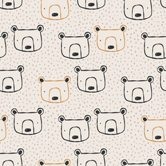 Vector seamless pattern with cute bears on dot background. Polka dot. Beige print with bears heads.  Creative kids texture for fabric, wrapping, textile, wallpaper.