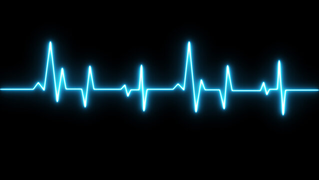Glowing cyan blue color heartbeat and pulse rate signal Isolated on black background