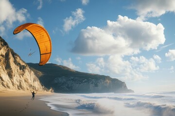 Kite surfer enjoying a sunny day on the beach with dramatic cliffs and clouds in the background