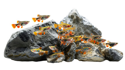 Colorful Guppies Gather in an Enchanting Grotto Surrounded by Smooth Pebbles and Rocks