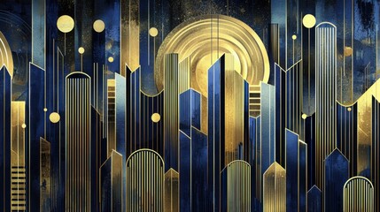 Obraz premium Abstract geometric urban landscape with gold and blue tones