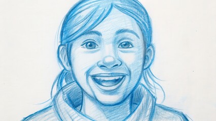 Obraz premium Smiling girl illustration in blue tones with joyful expression 