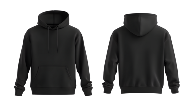 Professional Black Hoody Sweatshirt Mockup Front and Back View Isolated - Powered by Adobe