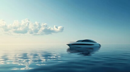 Serene white motorboat floats calm blue sea