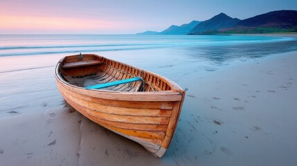 A serene wooden boat rests on a sandy beach, surrounded by calm waters and distant mountains under a pastel sky during sunset.