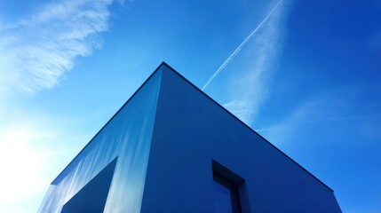 A modern building with a sharp, angular design against a bright blue sky, featuring wispy clouds and a strong interplay of light and shadow, Modern Minimalist Architecture.