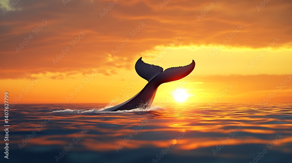 Aufkleber silhouette of a whale tail emerging from shimmering ocean surface at sunset : generative ai